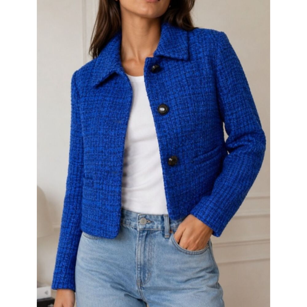 ~ MNG Mango L Tweed Jacket Royal Blue Cropped Classic Lux Dressy Timeless Office